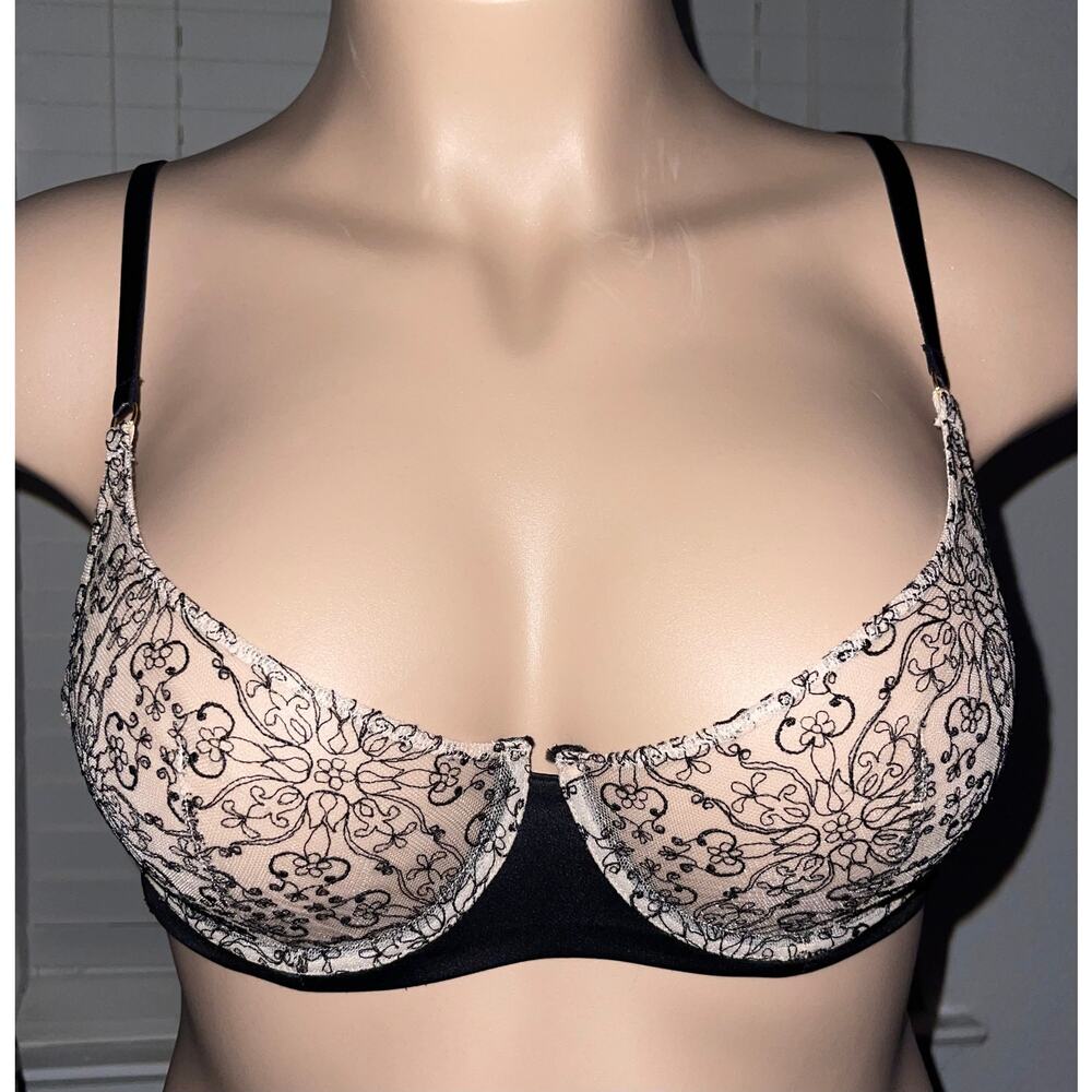 34DD BLACK & TAN LACE VICTORIA'S SECRET VERY SEXY UNLINED DEMI BRA